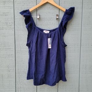 NWT Vineyard Vines Gauzy Cotton Ruffle Sleeve Square Neck Top sz XL Navy
